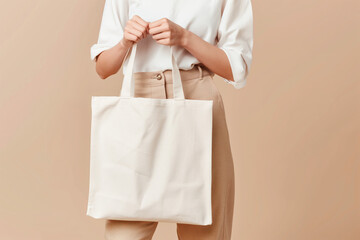 Woman holding eco friendly white hand bag with empty white space for advertisement. Mockup bag. 