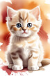 Ginger kitten sitting on a colorful background. Cute animal in watercolor illustration