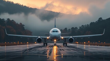 On an airport runway, an airplane flies