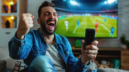 A man is happy after winning a bet. holding a mobile phone In the background there is a TV with a football match on.