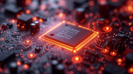 Poster - Circuit Board CPU Processor Microchip Digitizing Neural Networking and Cloud Computing. Data is moved along digital lines.