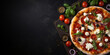 Top view of Mediterranean pizza with tomato sauce, mozzarella, olives, feta, tomatoes, and basil, with copy space, dark concrete background Menu concept. Delicious tasty Italian food diet