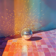 Wall Mural - A shiny silver ball is sitting on a pink tile floor. The ball is surrounded by a colorful light that creates a fun and playful atmosphere