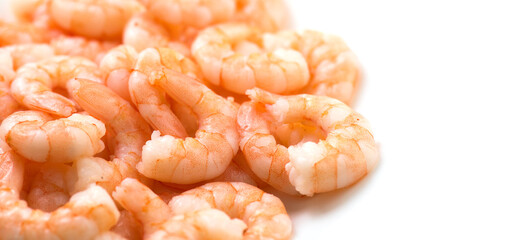 Wall Mural - Shrimps. Fresh peeled Prawns isolated on white background.  Preparing healthy seafood, cooking, diet, nutrition concept. Sea food, border design