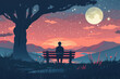 A man sitting on a bench at night in the park, cartoon picture. Concept of sadness or loneliness