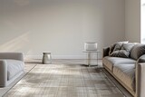 Fototapeta Perspektywa 3d - A minimalist interior featuring a tranquil short rug in soothing tones, blending with dove gray sofas and a glass-top side table.