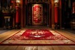 Chinese silk rug in auspicious red and imperial gold, placed at the center, symbolizes prosperity.