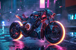 A futuristic motorcycle with neon lighting against the backdrop of a nighttime city. Cyberpunk concept