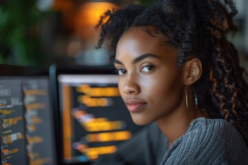 Poster - A woman with curls works on a computer, code visible on screen, indicative of a tech focus