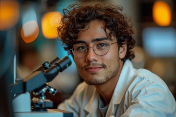Poster - Young male scientist working with a microscope, representing research and innovation