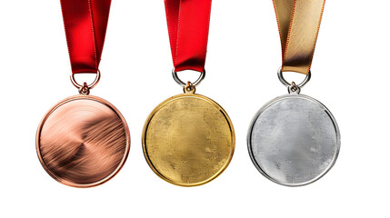 real gold, silver and bronze medals hanging on red ribbons isolated on white background.