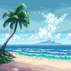 Wall Mural - A pixel art depiction of a serene tropical beach scene, complete with a single palm tree leaning over a glittering turquoise sea under a partly cloudy sky