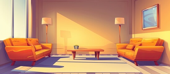 Poster - An inviting living room with two orange couches, a wooden coffee table, and matching lamps. Hardwood flooring completes the cozy interior design