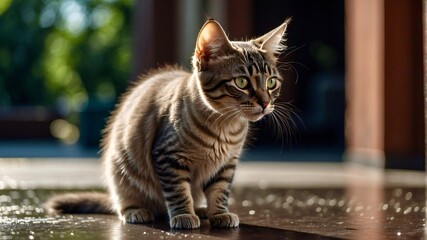 Wall Mural - A stray cat in a puddle