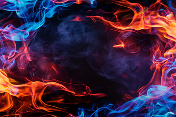 Wall Mural - abstract blue and red fire flames frame on black background. template or banner, creative design wit