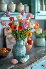 Aufkleber - A vibrant arrangement of multicolored flowers fills a deep blue vase, creating a striking visual display of natures beauty