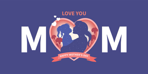 Wall Mural - Mother's Day design with mother holding child in heart shaped silhouette paper cut style. Vector Illustration.