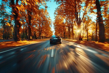 A car moving through a sunlit autumn forest showcasing the concept of travel and exploration