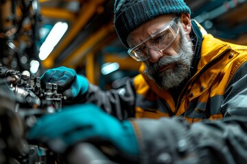 Poster - An experienced mechanic in reflective clothing is meticulously adjusting complex machinery, indicating skilled labor