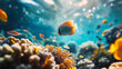 Colorful fish and marine animals with colorful corals underwater in the ocean. 