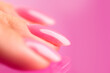 Pink nail polish on woman nails, shellac UV gel, varnish, manicure concept in beauty salon. Over pink background. Application of nail polish, healthy nails