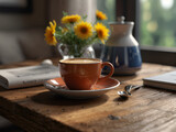 Fototapeta Do akwarium - A cup of hot brewed coffee with cream on the table, a vase with flowers in the background