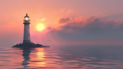 Wall Mural - A peaceful seaside lighthouse standing tall against a dramatic sunset sky.