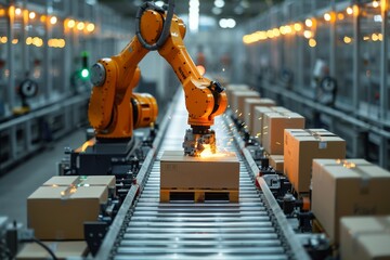 Poster - An image showcasing automated robotic arms efficiently sorting packages on a conveyor belt in an industrial setting