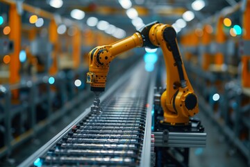 Poster - Automated robotic arm captured in operation, focusing on precision tasks on a modern factory assembly line