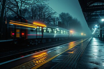 Poster - A train in motion captured with a slow shutter speed creates light trails at a foggy, atmospheric, and dimly lit platform