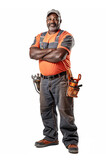 Fototapeta  - A male service master repairman plumber electrician stands at full height in protective work clothing with his arms crossed. He smiles and holds a toolbox. Isolated on white background