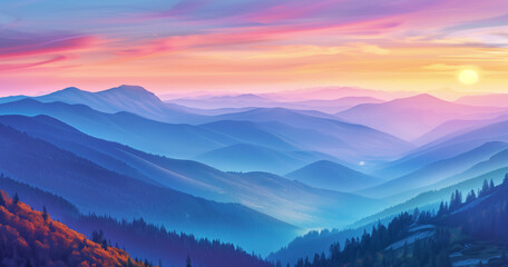 Poster - A beautiful mountain range with a purple sky and a sun in the background. The mountains are covered in trees and the sky is a mix of blue and purple. The scene is peaceful and serene