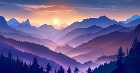 Poster - A beautiful mountain range with a purple sky and a sun in the background. The mountains are covered in trees and the sky is a mix of blue and purple. The scene is peaceful and serene