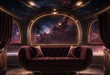 A luxurious living space with a plush velvet couch and arched windows that provide a breathtaking view of a colorful cosmic galaxy and distant stars, creating an otherworldly ambiance.