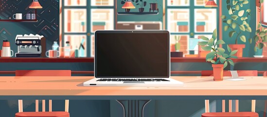 Poster - A computer is placed on a wooden table inside a restaurant. The laptop is an entertainment device that serves as an output device for various tasks and activities