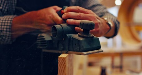 Canvas Print - Man, construction and closeup of carpenter with machine for woodwork, production or manufacturing. Electrical equipment, wood and person in warehouse for labor, building project and small business