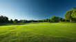 A lush green golf course with a clear blue sky overhead.