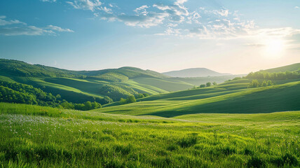 Sticker - A peaceful countryside landscape with rolling hills and a clear blue sky.