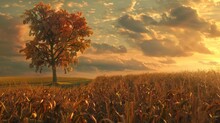 Gold Wheat Flied Panorama With Tree At Sunset, AI Generated