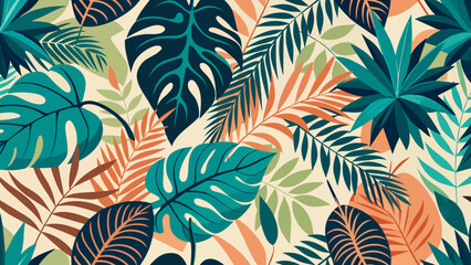  Modern seamless pattern with trendy tropical palm and monstera leaves. Suitable for backgrounds, wallpapers, textiles, prints, and much more