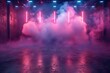 An enveloping cloud of smoke dominates the foreground of this cyberpunk-inspired industrial atmosphere with vertical neon lights