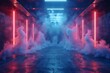 This image showcases a vibrant corridor filled with neon lights and billowing smoke, creating a futuristic atmosphere