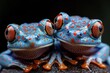 Two blue frogs with striking orange toes and red eyes resting on a dark branch
