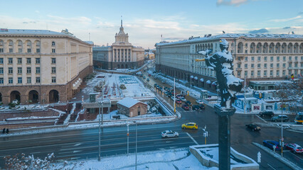 Wall Mural - Winter aerial of Largo square in Sofia with national assembly building, Bulgaria