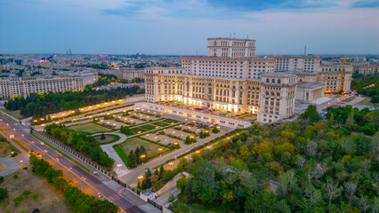 Poster - Sunset panorama view of the Romanian parliament in Bucharest