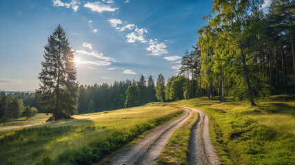 Wall Mural - A peaceful countryside road winding through a forest under a sunny sky.