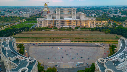 Wall Mural - Sunset panorama view of the Romanian parliament in Bucharest