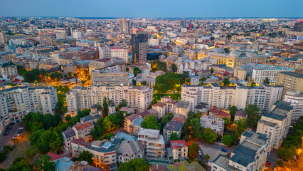 Sunset panorama view of Dambovita river passing the old town of Bucharest, Romania