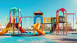 A colorful playground with a twisting slide and swings against a clear sky.