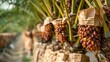 selective focused of date fruits palm tree with date fruits bunch with paper wrap at date fruits palm tree